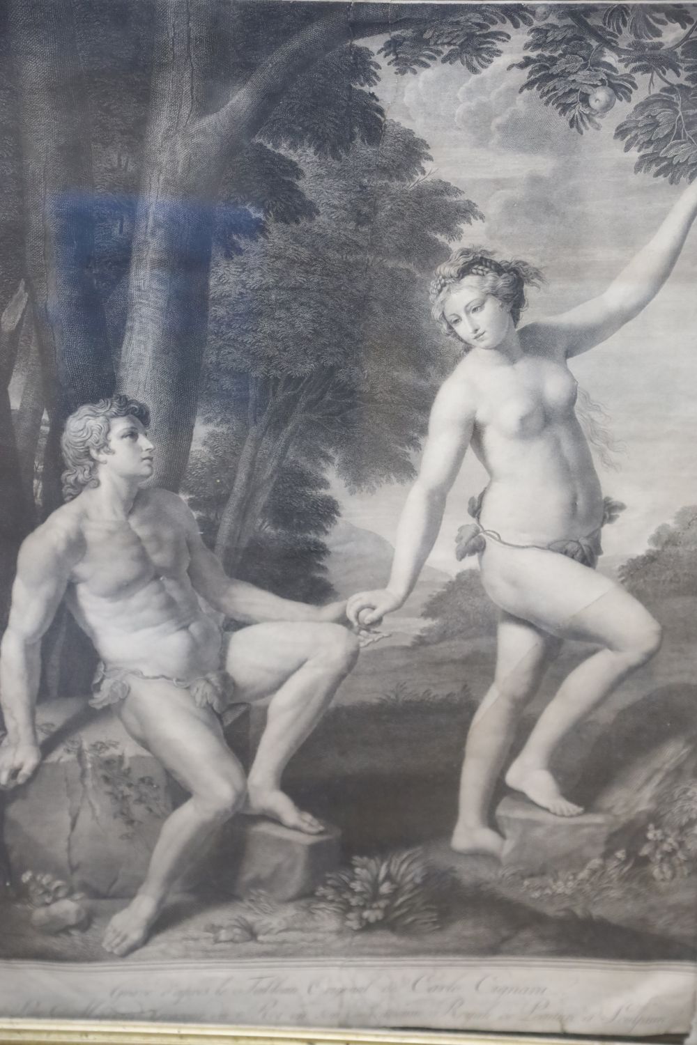After Carlo Cignani, engraving, Adam and Eve, 61 x 43cm, in a Victorian maple frame and After Benjamin West, engraving, The Battle of t